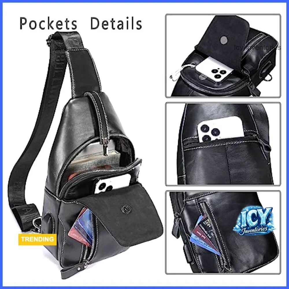Genuine Leather Sling Bag Crossbody Backpack with USB Charging Port
